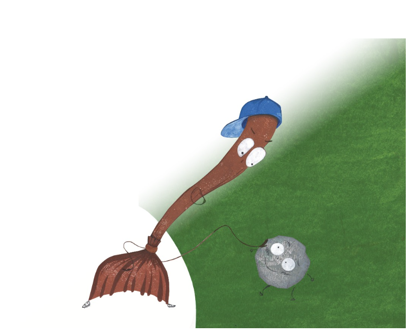 Illustration: broom and rock characters from the story world